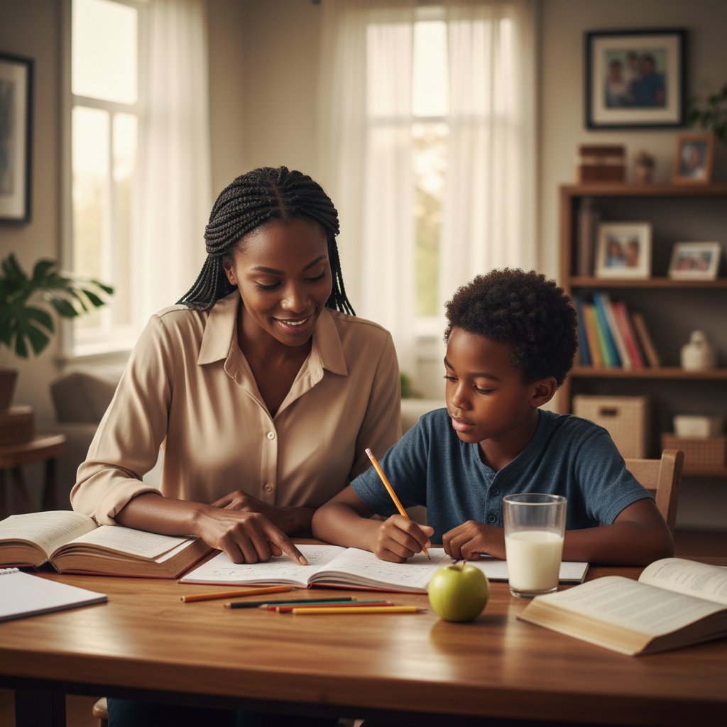 a Black parent and child doing homework together