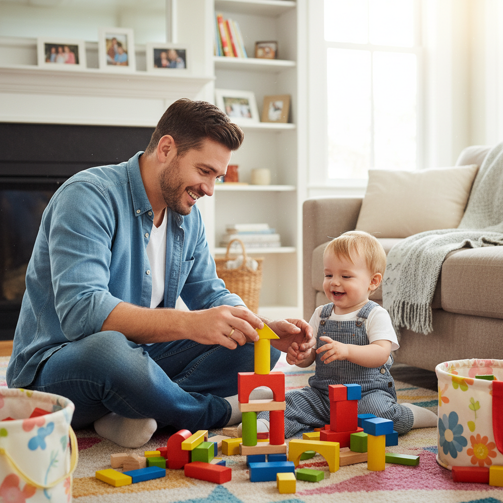 father building blocks with his toddler