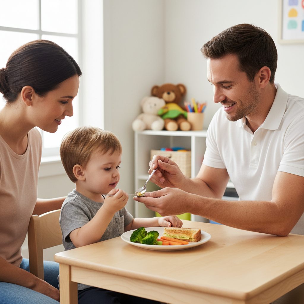 a child with a parent and feeding therapist, with less food on the plate