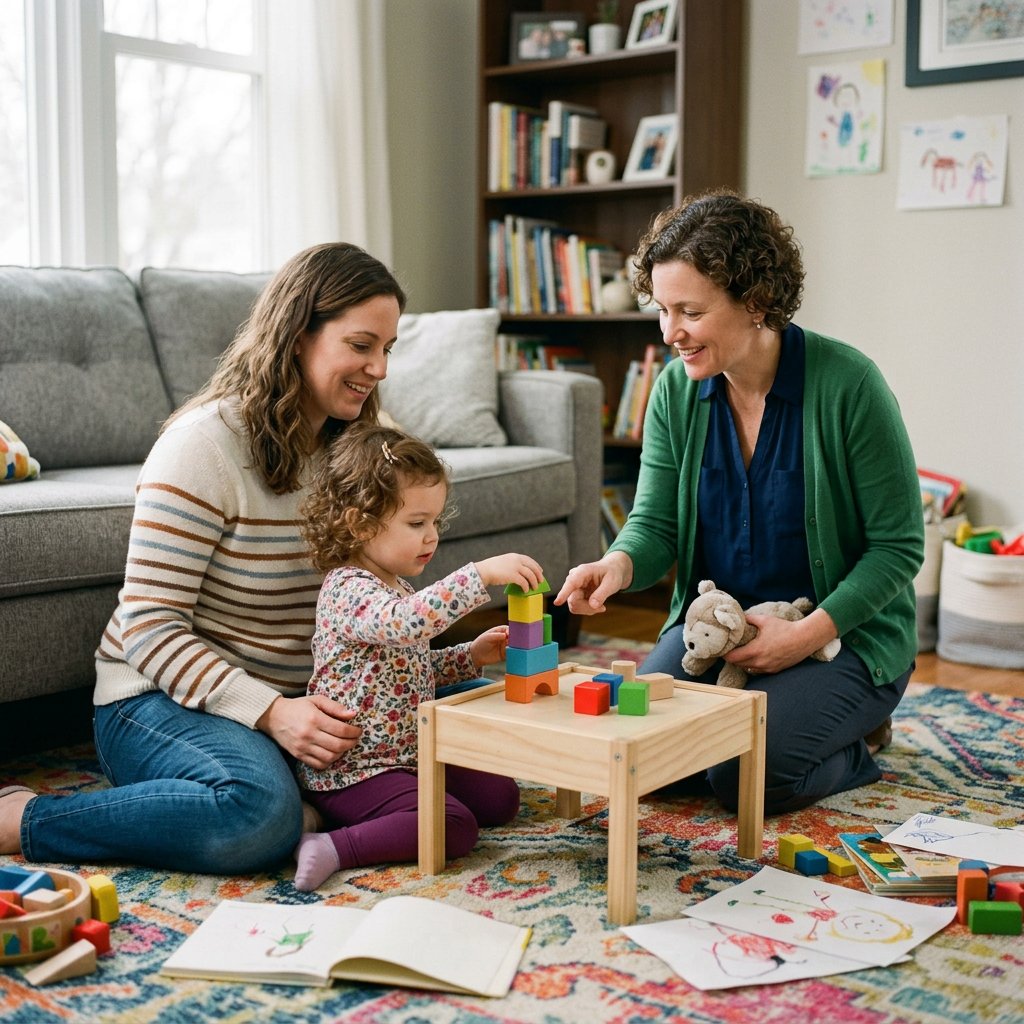 Two women and a young girl playing with colorful wooden blocks on a small table in a living room.